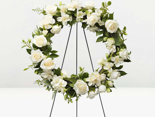 Floral wreath with white flowers and green leaves on a white background