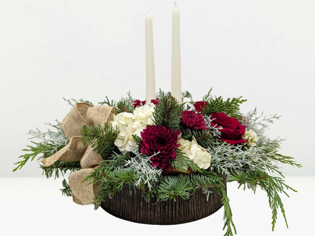 Christmas Flowers Rustic Winter Light Centrepiece