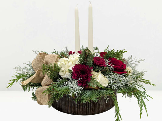 Christmas Flowers Rustic Winter Light Centrepiece