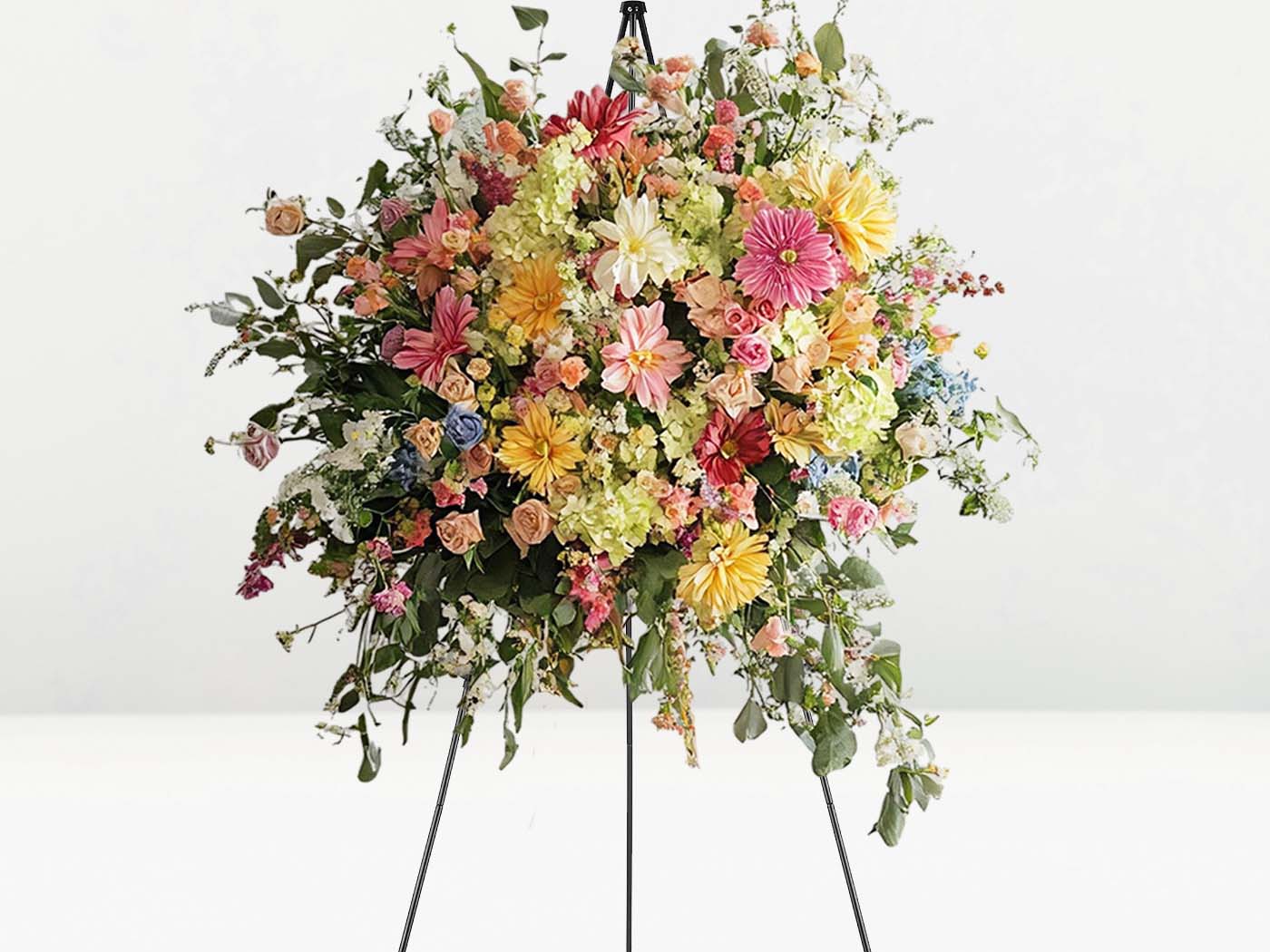 Colorful floral arrangement on a stand against a white background